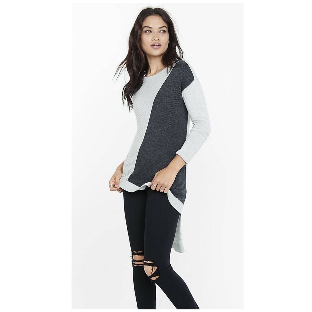 EXPRESS Grey Colorblock Ribbed Long Hi-Low Tunic Sweater